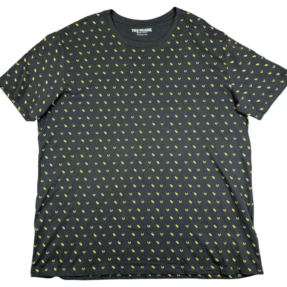 True Religion Short Sleeve Tee T-Shirt Mens 3XL Black All Over Logo Monogram